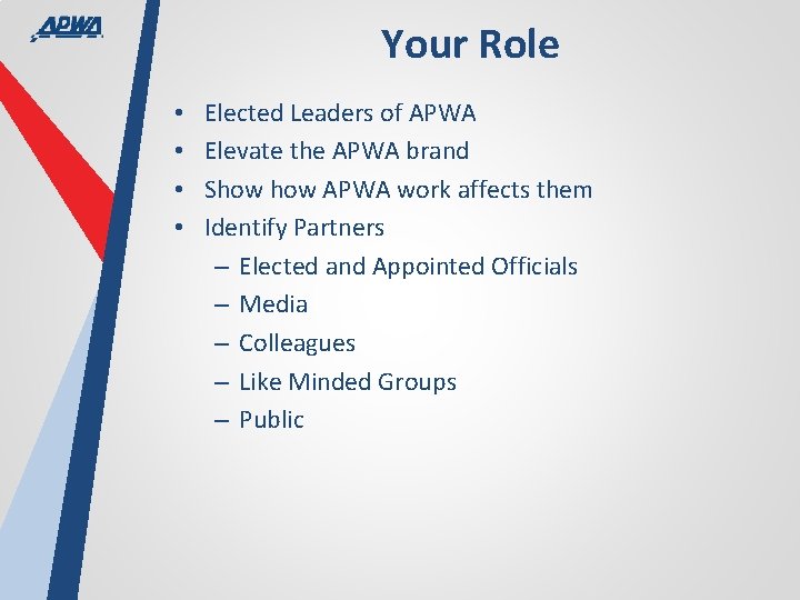 Your Role • • Elected Leaders of APWA Elevate the APWA brand Show APWA