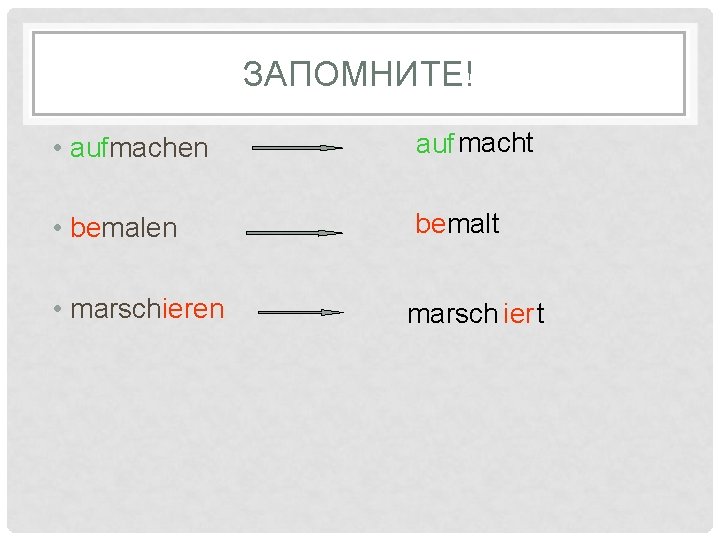 ЗАПОМНИТЕ! • aufmachen auf macht • bemalen bemalt • marschieren marsch ier t 