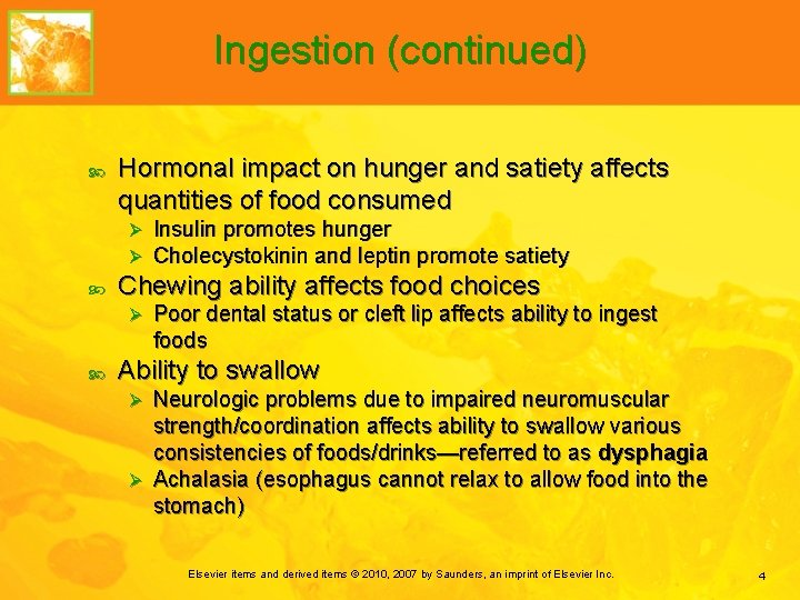Ingestion (continued) Hormonal impact on hunger and satiety affects quantities of food consumed Ø
