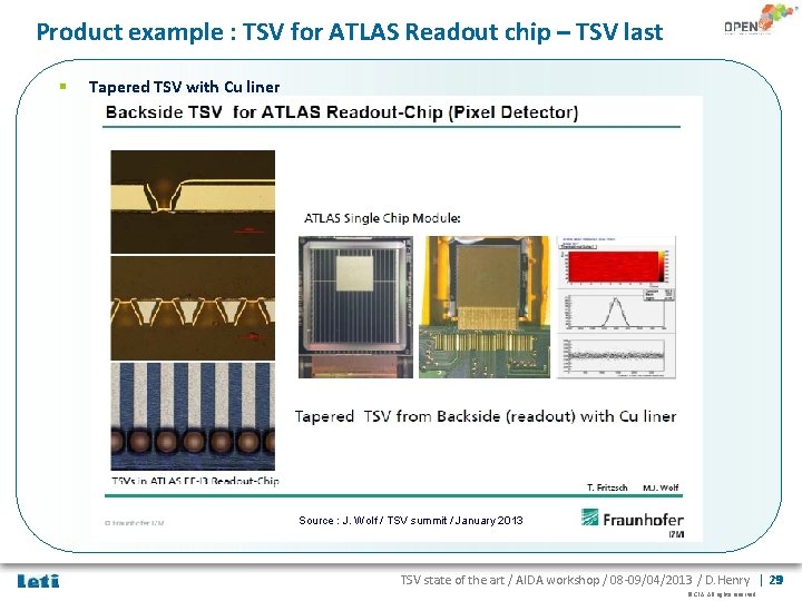 Product example : TSV for ATLAS Readout chip – TSV last § Tapered TSV