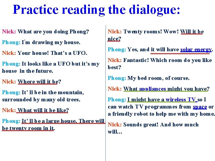 Practice reading the dialogue: Nick: What are you doing Phong? Phong: I’m drawing my