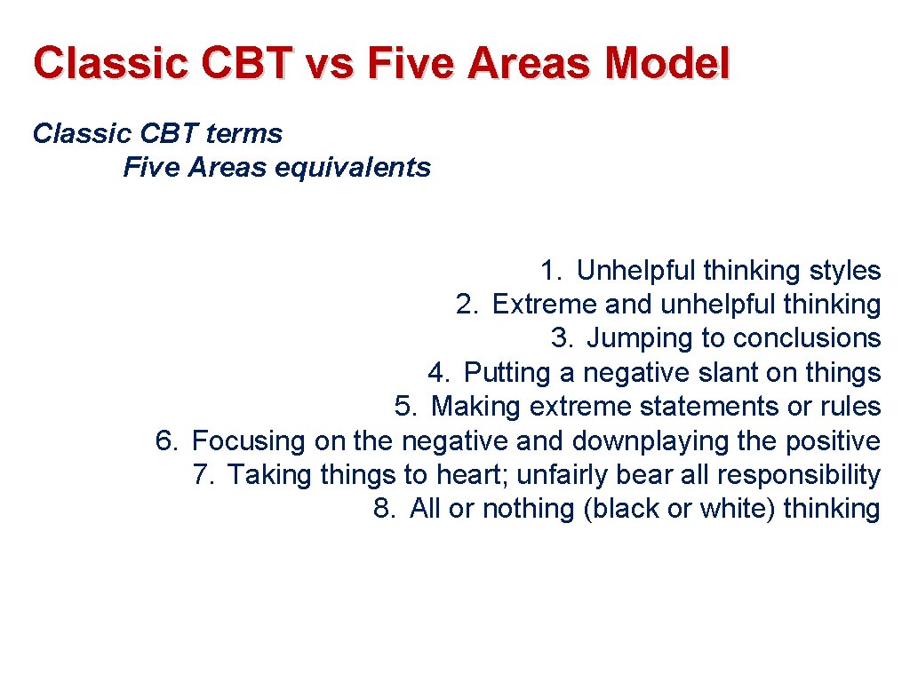 Classic CBT vs Five Areas Model Classic CBT terms Five Areas equivalents 1. Unhelpful