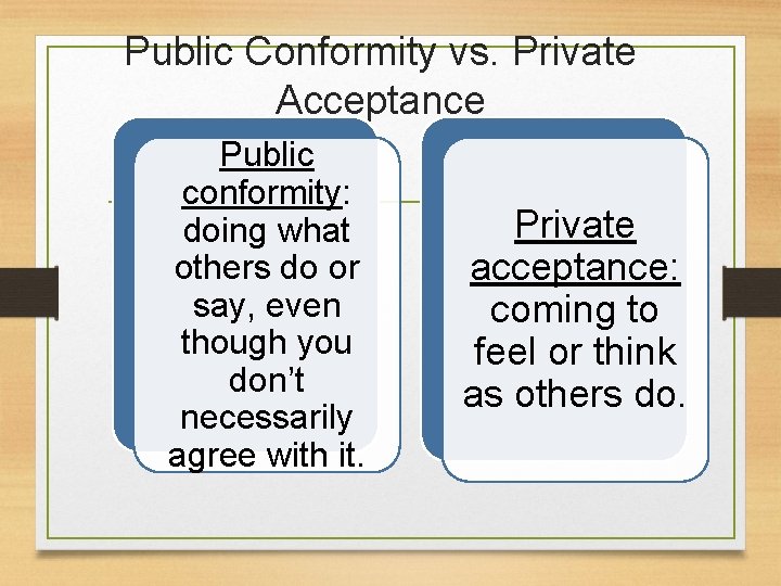 Public Conformity vs. Private Acceptance Public conformity: doing what others do or say, even