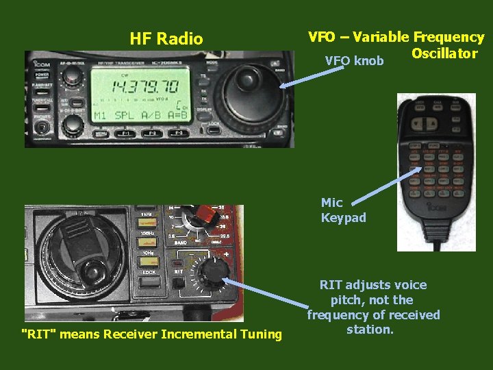 HF Radio VFO – Variable Frequency Oscillator VFO knob Mic Keypad "RIT" means Receiver