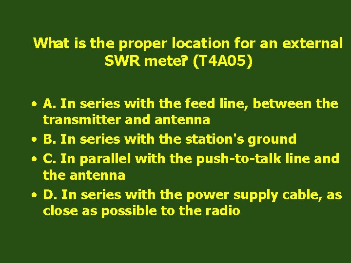 What is the proper location for an external SWR meter ? (T 4 A