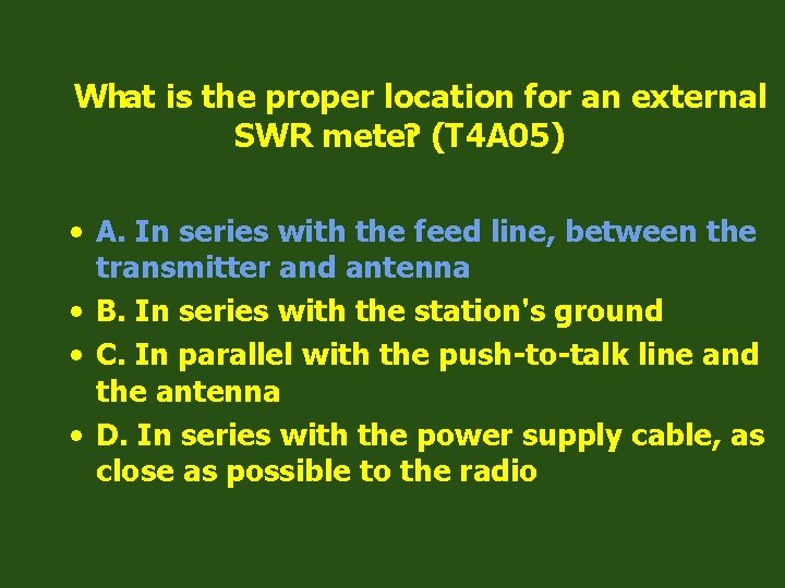 What is the proper location for an external SWR meter ? (T 4 A