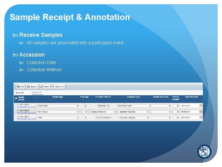 Sample Receipt & Annotation Receive Samples All samples are associated with a participant event