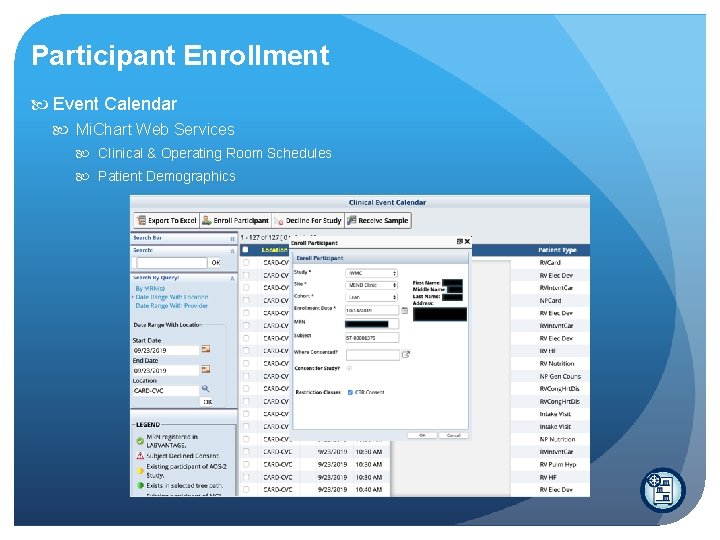 Participant Enrollment Event Calendar Mi. Chart Web Services Clinical & Operating Room Schedules Patient