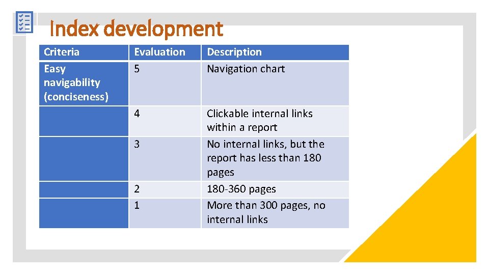 Index development Criteria Easy navigability (conciseness) Evaluation 5 Description Navigation chart 4 Clickable internal