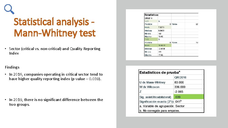 Statistical analysis Mann-Whitney test • Sector (critical vs. non-critical) and Quality Reporting Index Findings