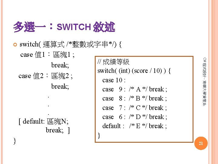 多選一：SWITCH 敘述 C# 程式設計 - 南華大學資管系 } switch( 運算式 /*整數或字串*/) { case 值 1：區塊1