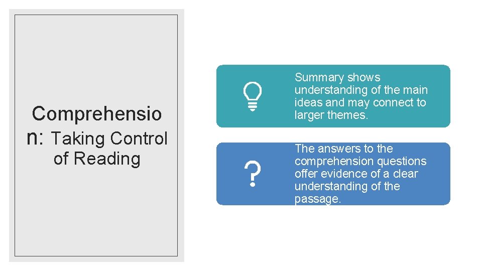 Comprehensio n: Taking Control of Reading Summary shows understanding of the main ideas and