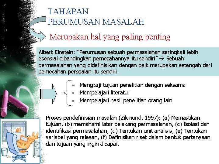 TAHAPAN PERUMUSAN MASALAH Merupakan hal yang paling penting Albert Einstein: “Perumusan sebuah permasalahan seringkali