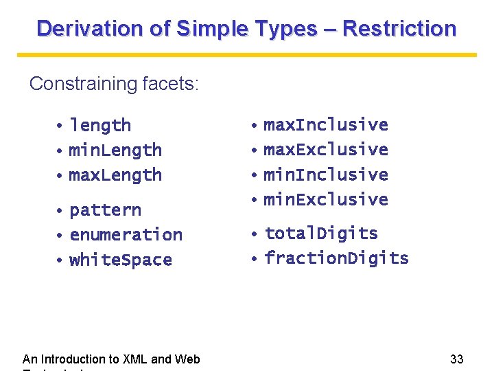 Derivation of Simple Types – Restriction Constraining facets: • length • min. Length •