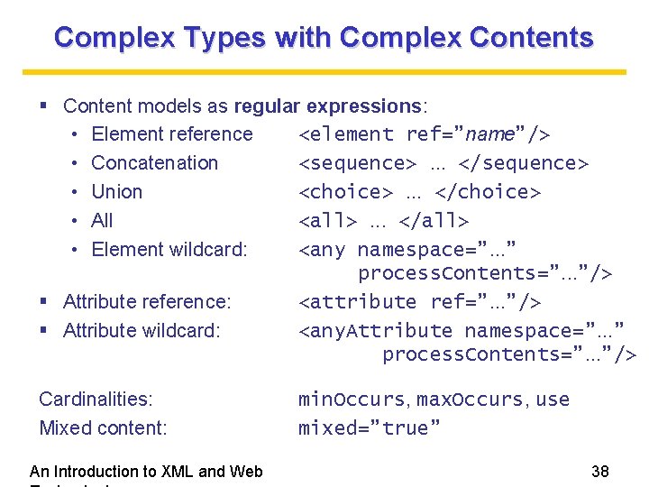 Complex Types with Complex Contents Content models as regular expressions: • Element reference <element