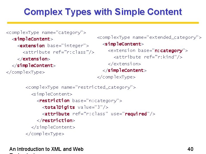 Complex Types with Simple Content <complex. Type name="category"> <complex. Type name="extended_category"> <simple. Content> <extension