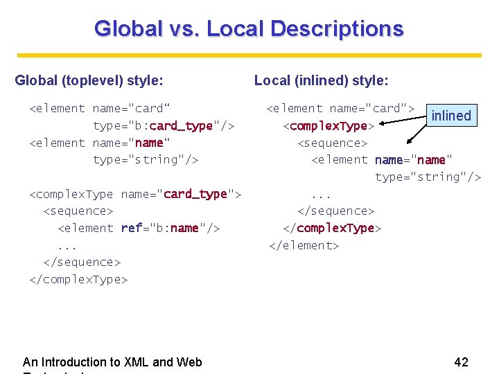 Global vs. Local Descriptions Global (toplevel) style: <element name="card“ type="b: card_type"/> <element name="name“ type="string"/>