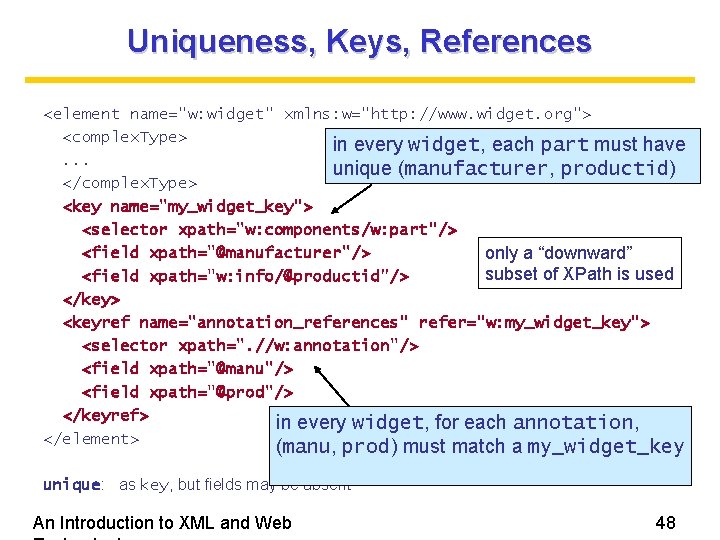 Uniqueness, Keys, References <element name="w: widget" xmlns: w="http: //www. widget. org"> <complex. Type> in