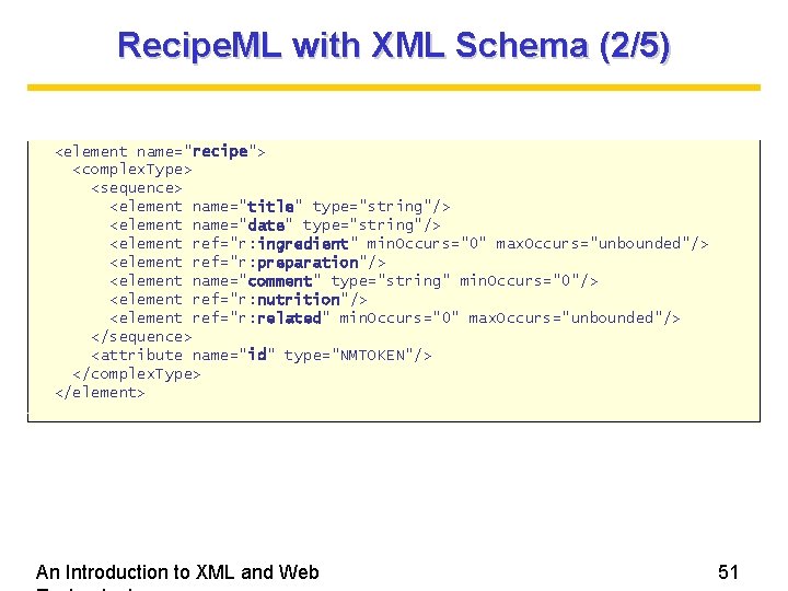 Recipe. ML with XML Schema (2/5) <element name="recipe"> <complex. Type> <sequence> <element name="title" type="string"/>