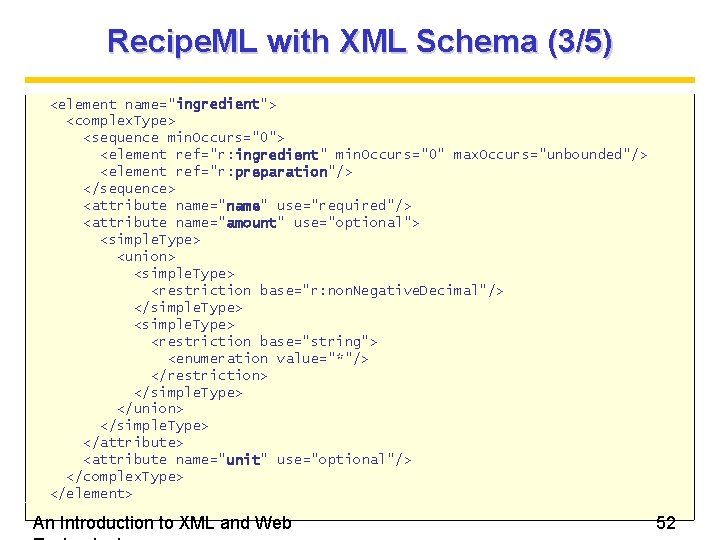 Recipe. ML with XML Schema (3/5) <element name="ingredient"> <complex. Type> <sequence min. Occurs="0"> <element