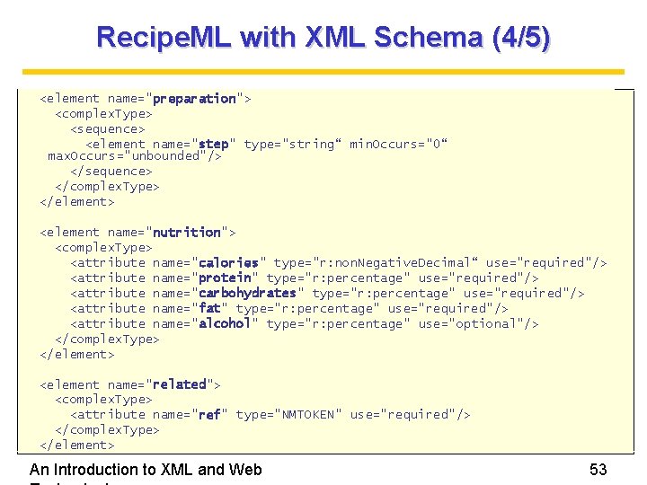 Recipe. ML with XML Schema (4/5) <element name="preparation"> <complex. Type> <sequence> <element name="step" type="string“