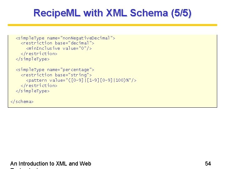 Recipe. ML with XML Schema (5/5) <simple. Type name="non. Negative. Decimal"> <restriction base="decimal"> <min.
