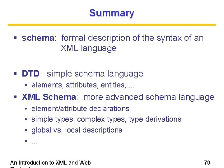 Summary schema: formal description of the syntax of an XML language DTD: simple schema