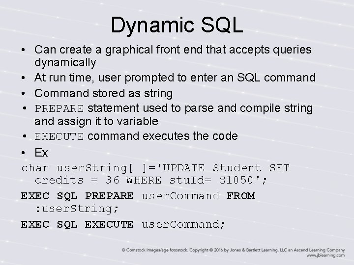 Dynamic SQL • Can create a graphical front end that accepts queries dynamically • Dynamic SQL • Can create a graphical front end that accepts queries dynamically •
