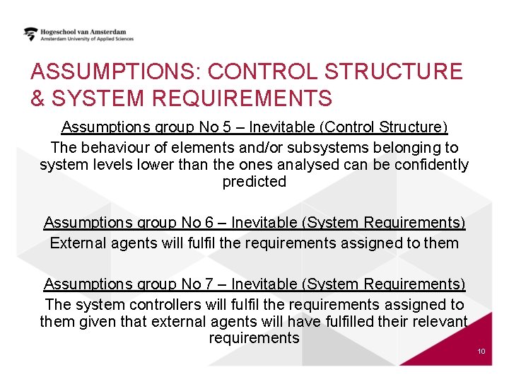 ASSUMPTIONS: CONTROL STRUCTURE & SYSTEM REQUIREMENTS Assumptions group No 5 – Inevitable (Control Structure)