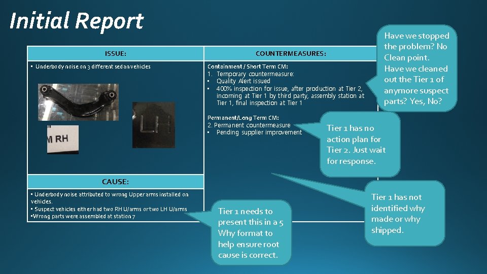 Initial Report ISSUE: • Underbody noise on 3 different sedan vehicles COUNTERMEASURES: Containment /