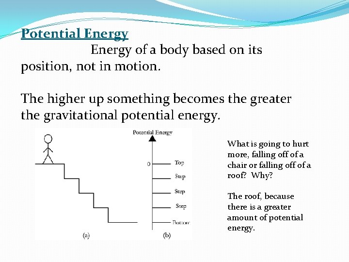 Potential Energy of a body based on its position, not in motion. The higher