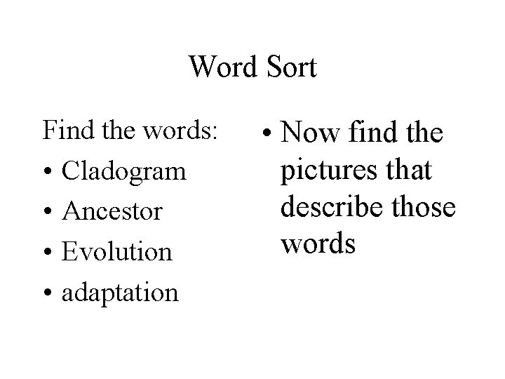 Word Sort Find the words: • Cladogram • Ancestor • Evolution • adaptation •