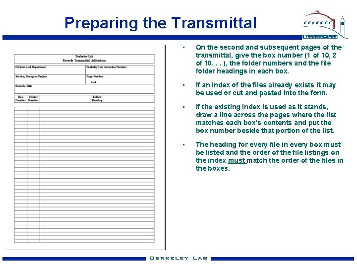 Preparing the Transmittal • On the second and subsequent pages of the transmittal, give
