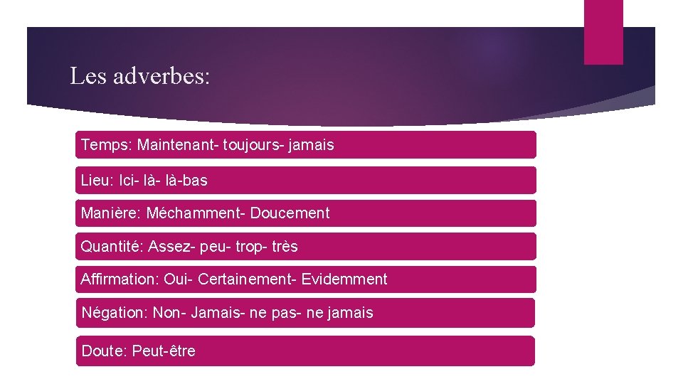 Les adverbes: Temps: Maintenant- toujours- jamais Lieu: Ici- là-bas Manière: Méchamment- Doucement Quantité: Assez- Les adverbes: Temps: Maintenant- toujours- jamais Lieu: Ici- là-bas Manière: Méchamment- Doucement Quantité: Assez-