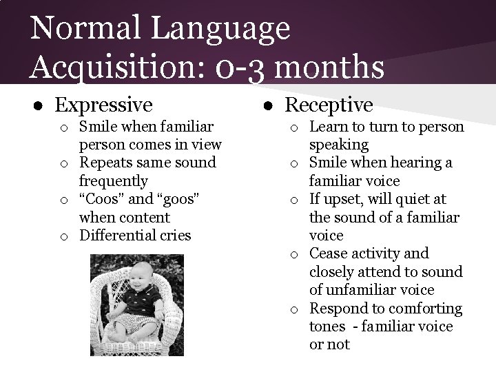 Normal Language Acquisition: 0 -3 months ● Expressive o Smile when familiar person comes