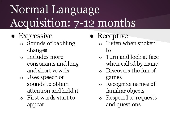 Normal Language Acquisition: 7 -12 months ● Expressive Sounds of babbling changes o Includes