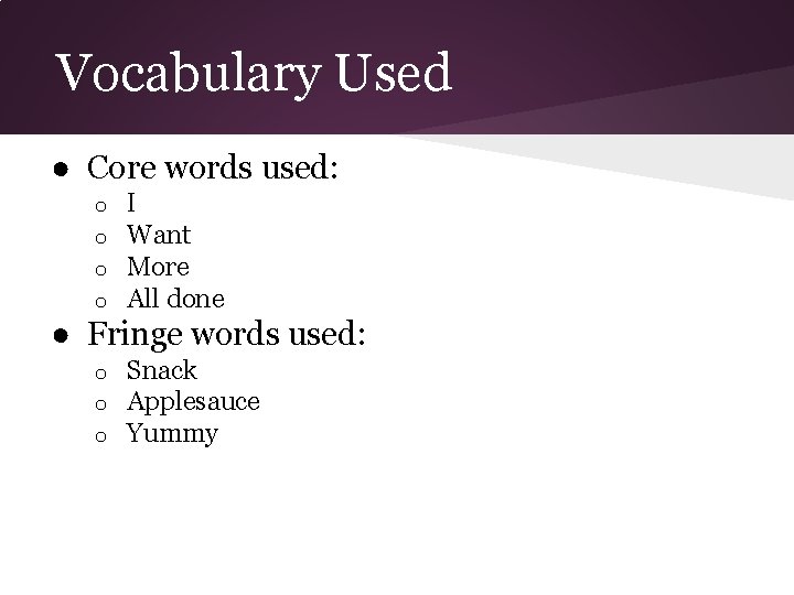 Vocabulary Used ● Core words used: o o I Want More All done ●