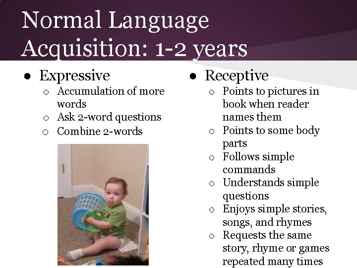Normal Language Acquisition: 1 -2 years ● Expressive o Accumulation of more words o