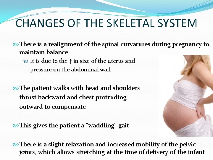 CHANGES OF THE SKELETAL SYSTEM There is a realignment of the spinal curvatures during