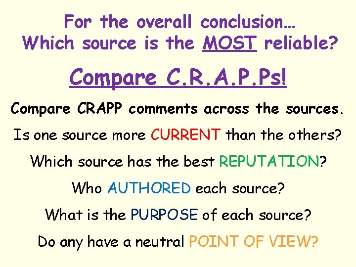 For the overall conclusion… Which source is the MOST reliable? Compare C. R. A.