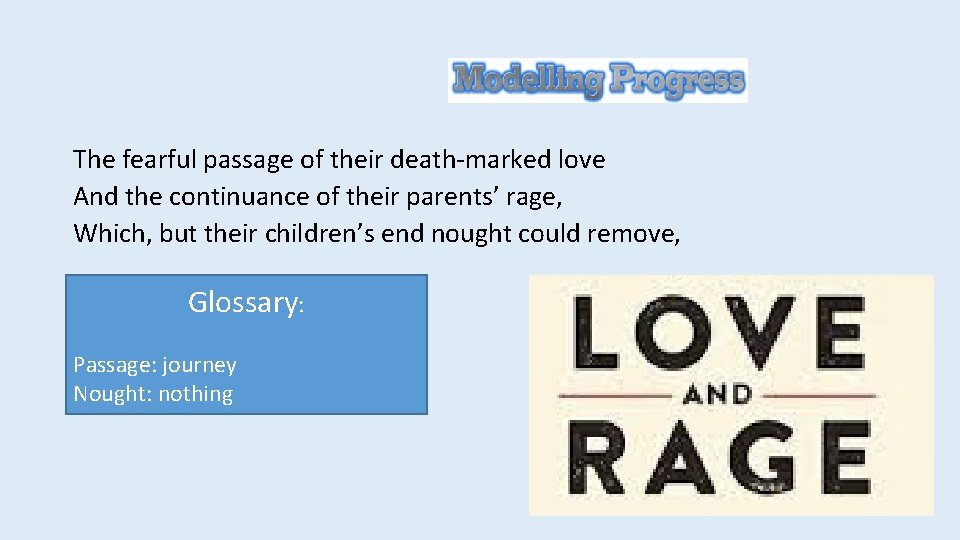 The fearful passage of their death-marked love And the continuance of their parents’ rage,