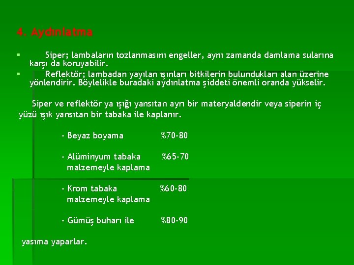 4. Aydınlatma Siper; lambaların tozlanmasını engeller, aynı zamanda damlama sularına karşı da koruyabilir. §