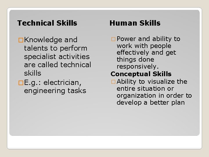 Technical Skills Human Skills � Knowledge � Power and talents to perform specialist activities