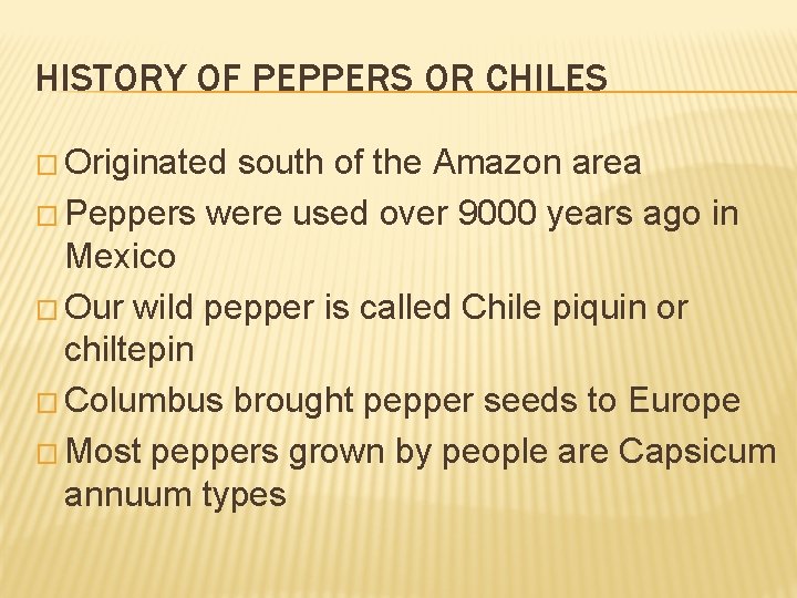 HISTORY OF PEPPERS OR CHILES � Originated south of the Amazon area � Peppers