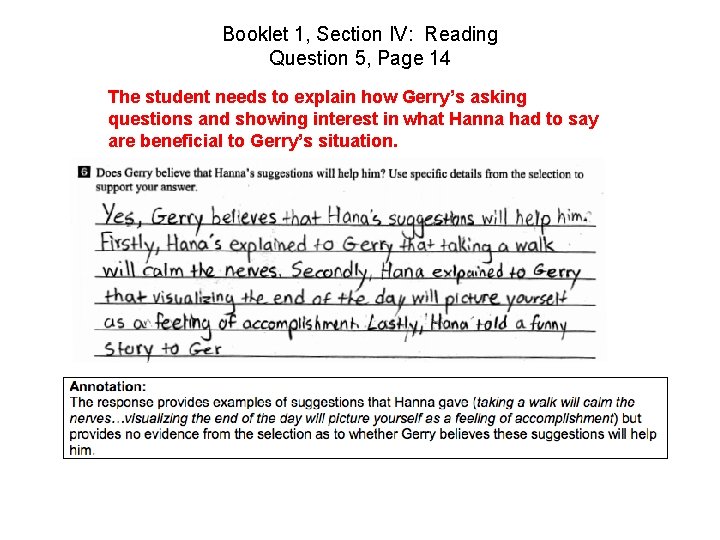 Booklet 1, Section IV: Reading Question 5, Page 14 The student needs to explain