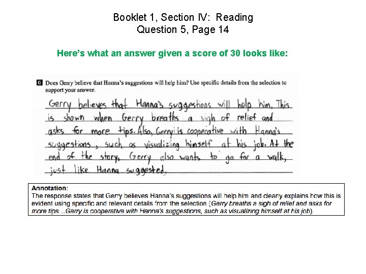 Booklet 1, Section IV: Reading Question 5, Page 14 Here’s what an answer given