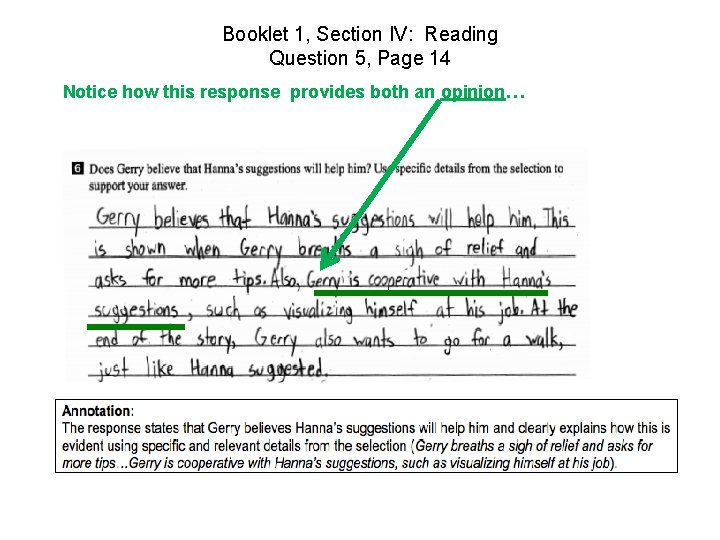 Booklet 1, Section IV: Reading Question 5, Page 14 Notice how this response provides