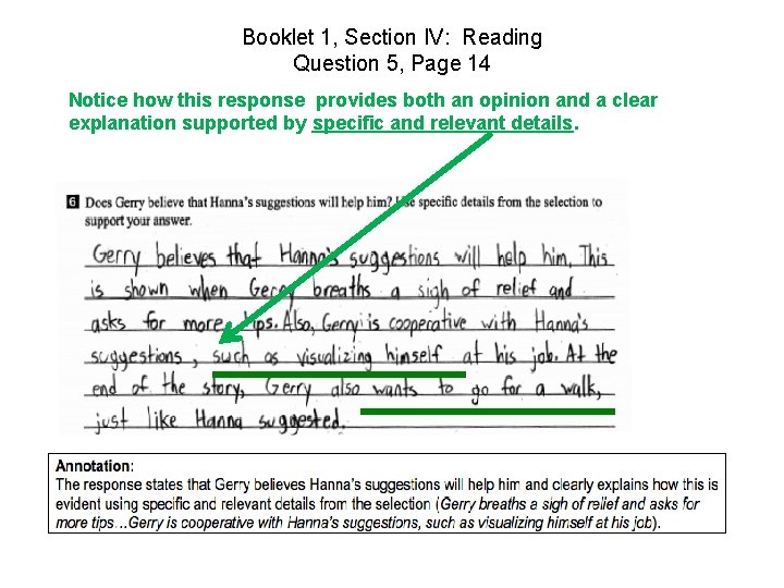Booklet 1, Section IV: Reading Question 5, Page 14 Notice how this response provides