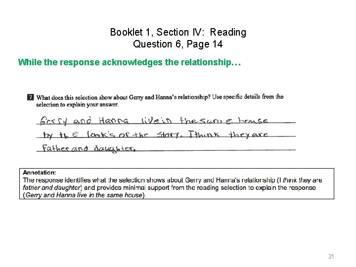 Booklet 1, Section IV: Reading Question 6, Page 14 While the response acknowledges the