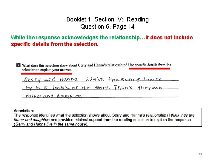 Booklet 1, Section IV: Reading Question 6, Page 14 While the response acknowledges the